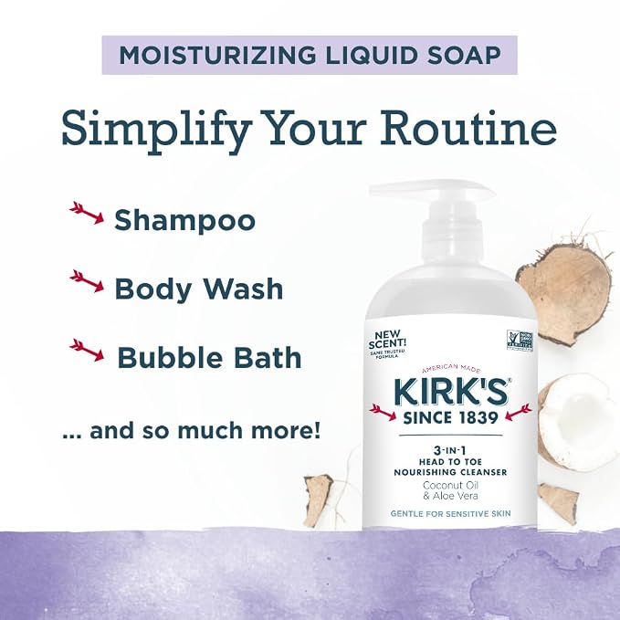 Kirk's 3-in-1 Head to Toe Nourishing Liquid Cleanser- for Men, Women & Children - Premium Coconut Oil & Aloe Vera- Non GMO & Vegan - Lavender and Vanilla - 32 Fl Oz. - 2 Pack