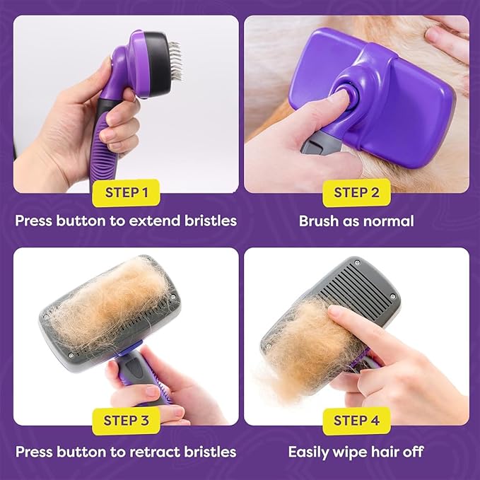 Self Cleaning Slicker Brush for Dogs & Cats, Gentle Deshedding and Hair Removal Tool for Long & Short Haired Pets, Easy Push Button, Purple