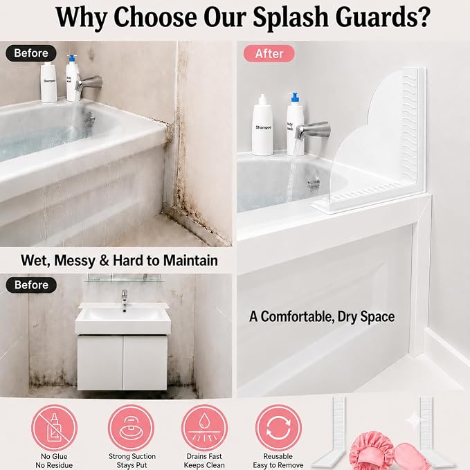 No-Adhesive 2-Pack Acrylic Silicone Bathtub Splash Guard,Tall & Flexible Shower Water Blocker with Strong Suction Cups,Reusable, Keeps Water in, Ideal for Family,Rentals&Pet Bathrooms (off-white)