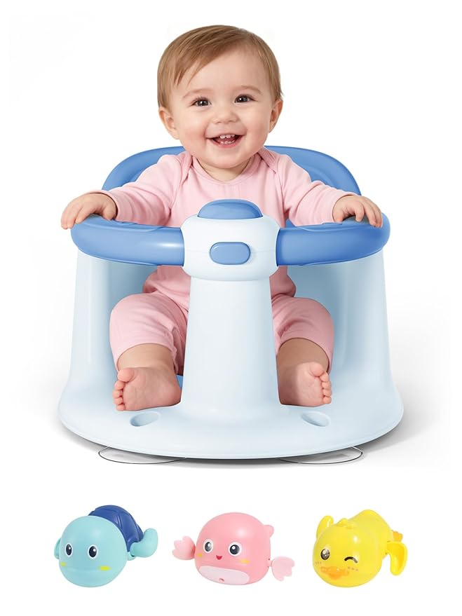 Baby Bath Seat for Babies 6 Months & Up - Bathtub Seats for Babies with 3 Baby Bath Toys, Non-Slip, Comfortable, Infant Bath Essentials-Blue