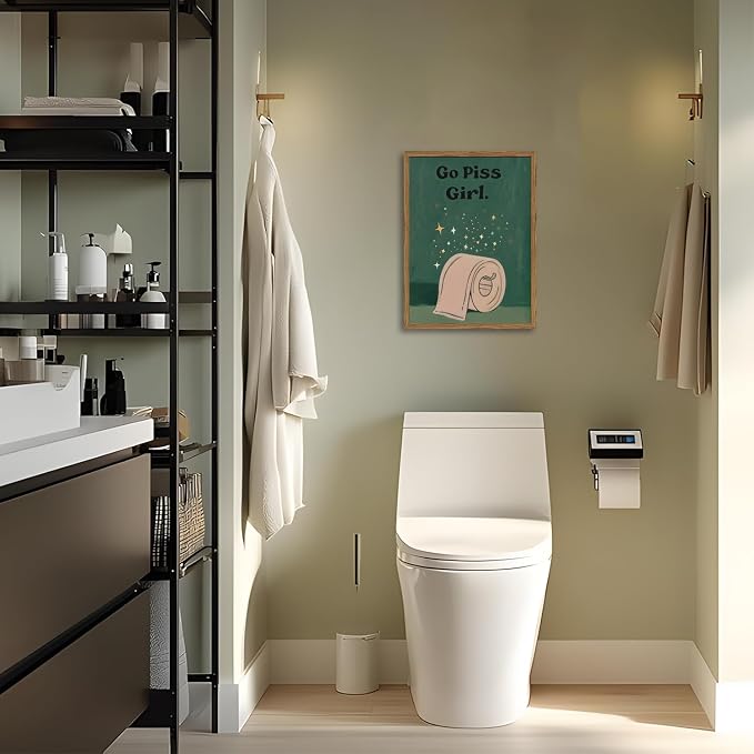 Funny Girl Bathroom Wall Art Go Piss Girl Toilet Paper Sign Wall Decor Picture Trendy Retro Moody Green Quote Restroom Poster Canvas Painting Prints 12x16 inch Wood Framed