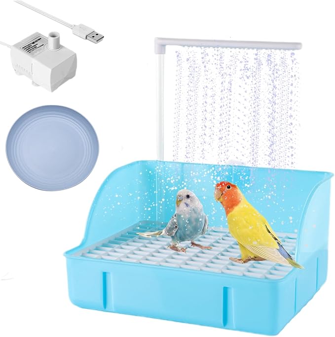 Oncpcare Automatic Fountain Bird Shower Bath with USB Pump, Parakeet Bath Bowl Waterfall Circulating Bird Large Bathtub - Electric Parrot Water Bathtub - for Birdcage, Indoor, Outside, Garden (Blue)