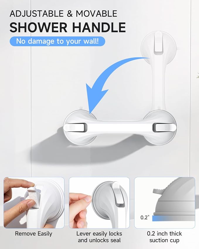 Shower Grab Bars for Shower and Bathtubs, 2 Pack Suction Shower Handle for Elderly, Suction Cup Removable Handrails Safety Grip, Heavy Duty and No Drilling, 12 in - White