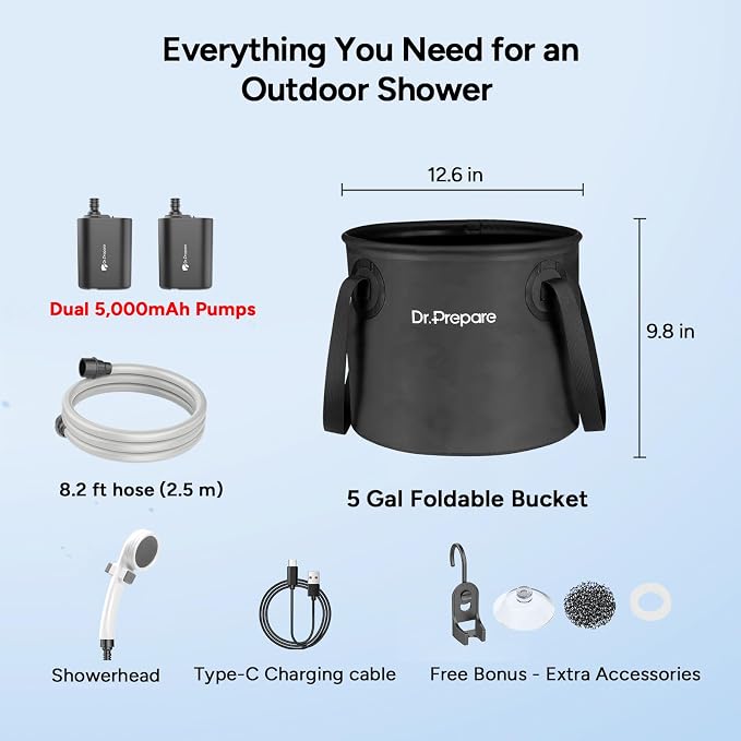 DR.PREPARE Portable Shower, Dual Camping Shower Pumps, 2×5000mAh, 11,000 RPM Motor, 1.32gal/min Flow, Pressurized Nozzle, 60min Runtime, 5gal Bucket, Portable Shower for Camping, Hiking, Pets, Beach
