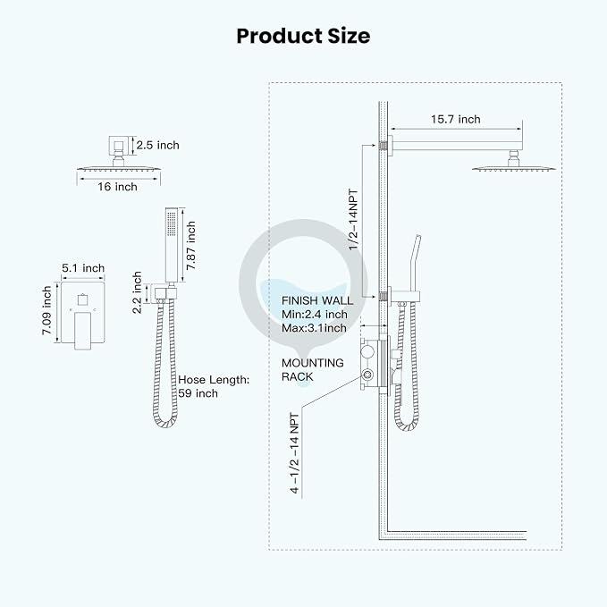 gotonovo Rainfall Bathroom Shower System Rain Shower Head and Handle Set Wall Mounted Shower Complete Combo Solid Brass Pressure Balancing Shower Mixer Valve 16 Inch Polished Chrome