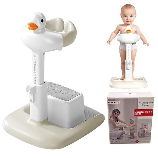 Baby Bath Stand with Built-in Seat - Duck Design - Anti-Slip Base - Baby Shower Stand for Sitting or Standing (White Beige)
