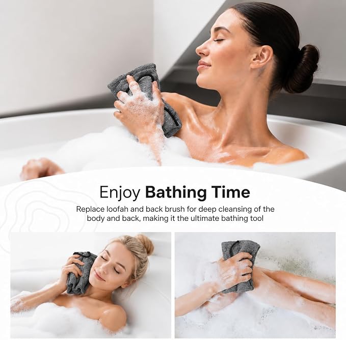 Yiclick Exfoliating Washcloth Towel with Handle, Back Scrubber for Shower, Exfoliating Body Scrubber Exfoliator, Japanese Wash Cloth for Body Scrub, Bath Sponge Loofah Luffa Washer Exfoliator