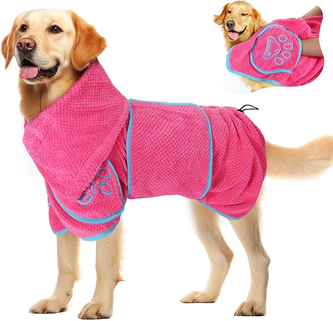 SlowTon Dog Bathrobe Drying Coat – Super Absorbent Microfiber Towel Wrap with Adjustable Collar & Belly Strap, Fast Drying Bath Robe for After Bath Swim, for Large, Medium, Small Dogs (Pink S)