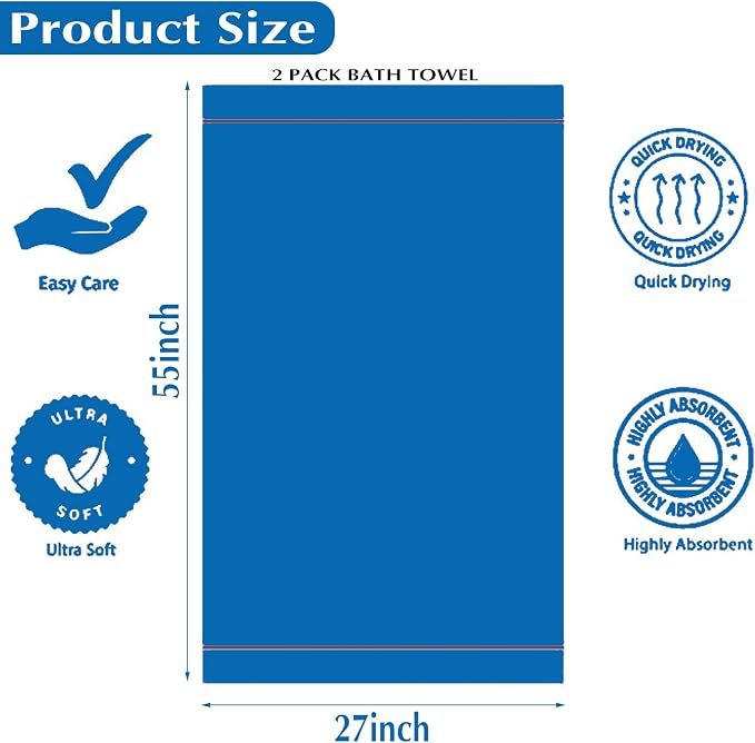 Microfiber Bath Towels Set of 2, 27 x 55 Inches Large Quick Dry Bath Towels, Super Absorbent Soft Striped Shower Towels, Lint Free Lightweight Towels for Bathroom, Travel, Spa, Beach