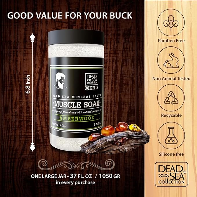 Dead Sea Collection Bath Salts for Men with Amberwood Oil - Muscle Recovery Bath Soak – Mens Pure Dead Sea Salt for Soothing and Relaxing - 37 Oz