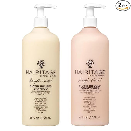 Hairitage Biotin Shampoo and Conditioner Set - Sulfate Free + Paraben Free, Color Safe, with Castor Oil for Anti-Frizz, Volume + Moisture for Women, Hydrating Repair Shampoo Conditioner