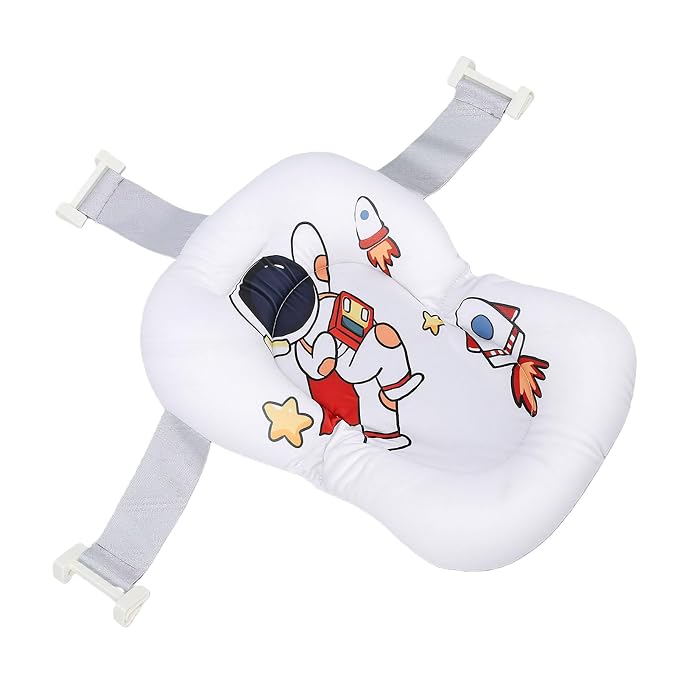 Fafeicy Baby Bath Cushion Pad Cotton Infant Bathing Seat Support Mat with 3 Buckles Wedge Design 28 X 6 X 38cm for Newborn Toddler Bathtub Bath Time (Astronaut Pattern)