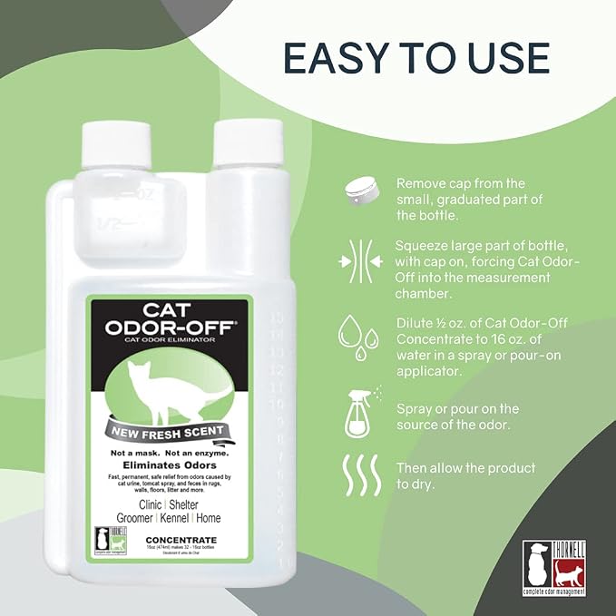 THORNELL Cat Odor-Off Concentrate Pet Smell Odor Eliminator – Cat Odor Eliminator Concentrate for Pet Urine Odor, Tomcat Spray for Cat Urine Smell, Feces on Carpet & Litter Boxes – Fresh Scent 16oz