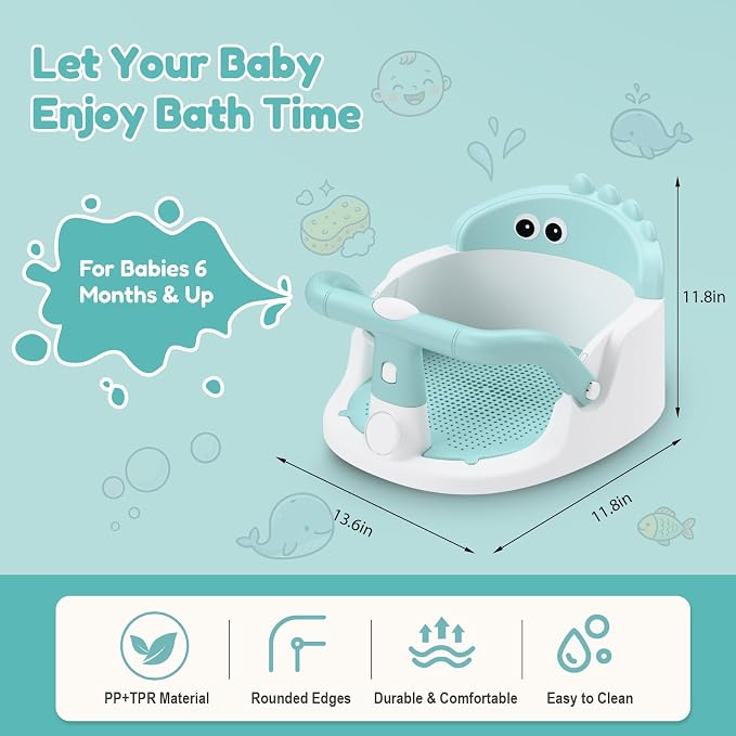 Baby Bath Seat for Babies 6 Months & Up Sitting Up | 360° Stable Toddler Bath Chair with One-Touch Button | Baby Bath Tub Seat with Suction Cups | Open Design, Compact, Detachable, Non-Slip(Green)