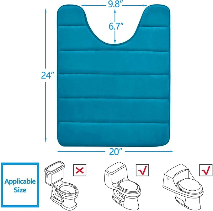 Buganda Memory Foam U-Shaped Contour Toilet Rugs, Absorbent, Thick Soft Washable Bathroom Mat, Floor Carpet Bath Rugs Mat for Toilet Base (24" x 20", Peacock Blue)