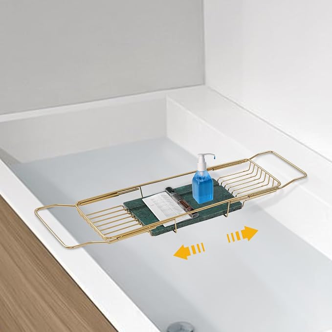 Bathtub Tray Caddy for Luxury Bath, Stainless Steel 26.8-35.4 in Expandable Extra Wide Bath Tub Tray with Natural Marble and Mobile/Tablet Stand, Ideal for Home Spa Lovers (Gold + Green)