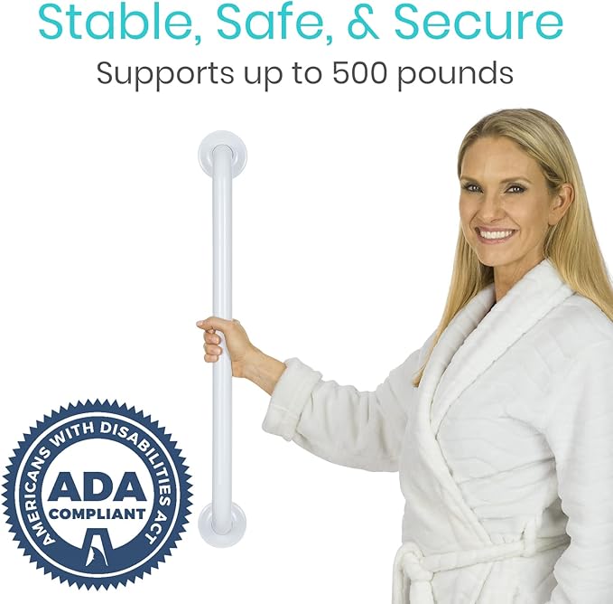Vive Grab Bar for Showers - Bathroom Antislip Handrail for Seniors, Elderly Assistance Product, Heavy Duty Shower Handles, Handicap Grab Bars, Stainless Steel, Multipurpose, 440 lbs (White)