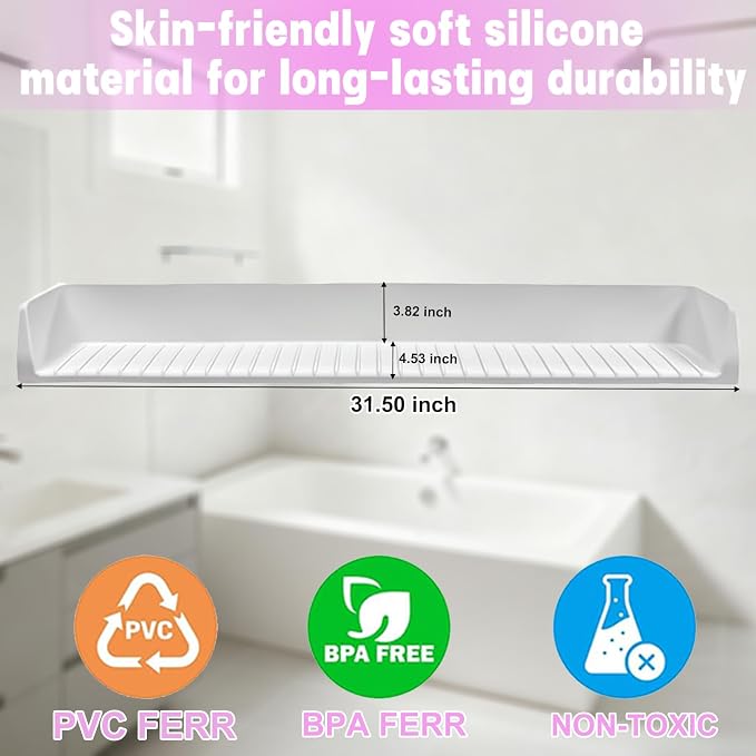 Longer Bath Tub Splash Guard for Kids,Silicone Bath Toy Holder for Bathtub,Prevent Water Spills in Bathroom,Fun-Filled Bath Time for Toddlers Including Bath Brush and Toy Storage Bag (Grey)