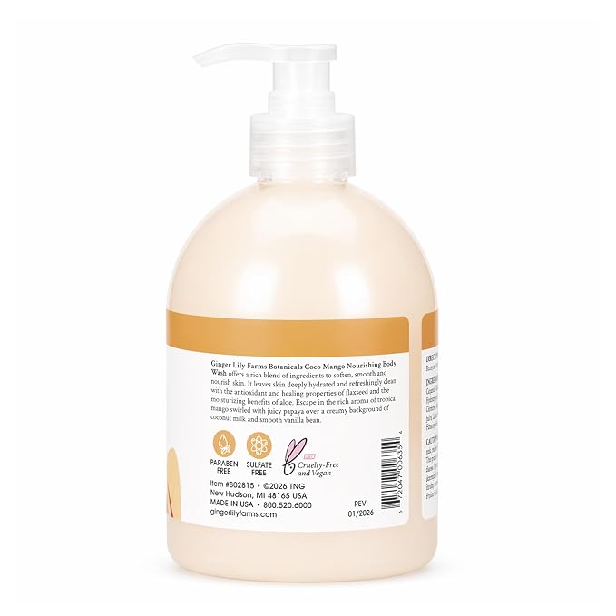 Ginger Lily Farms Botanicals Nourishing Body Wash, Coco Mango, 100% Vegan & Cruelty-Free, Coconut Mango Scent, 16.9 Fl Oz (Pack fo 6)