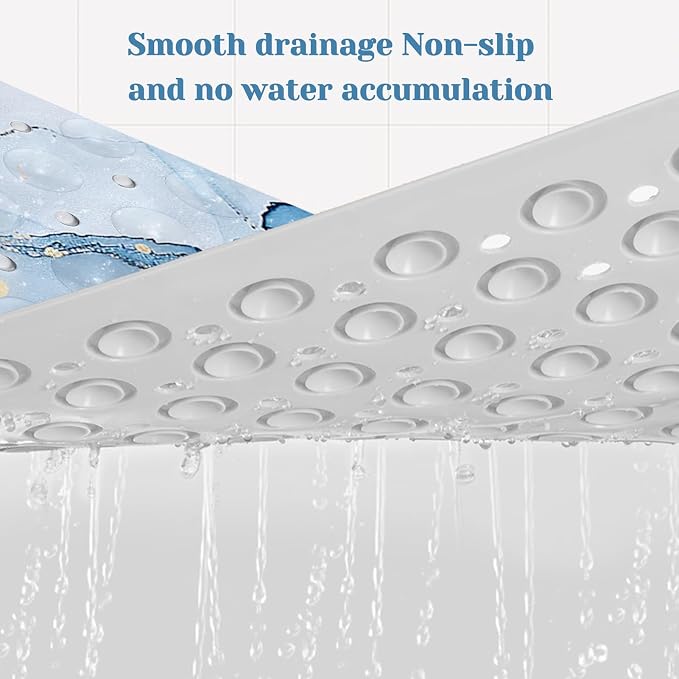 Marble Bath Tub Mat Non Slip, Blue Marble Non Slip Bath Mat for Shower, Large Washable Shower mats for Showers with Drain Holes and Suction Cups,40 X 16 Inch