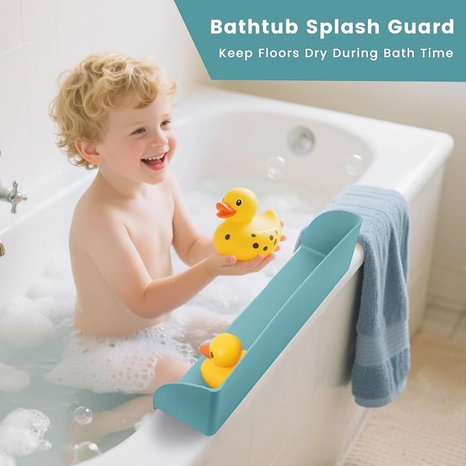 Silicone Bathtub Splash Guard with Strong Suction Cups, Bath Toy Holder & Water Spill Protector for Kids, No-Mess Play Shelf Organizer, Toddler Bath Essentials (Green)