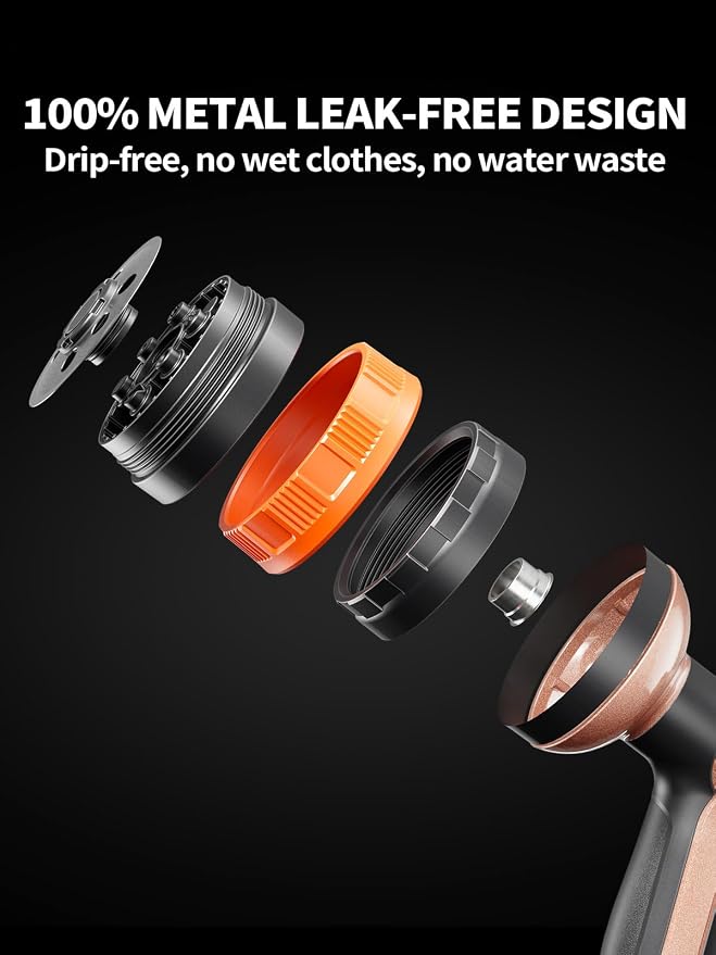 Garden Hose Nozzle, Metal Water Spray Nozzle with 8 Spray Patterns & Thumb Control, Heavy Duty Full Shower Water Nozzle for Lawn & Plant Watering, Car & Pet Washing, Orange