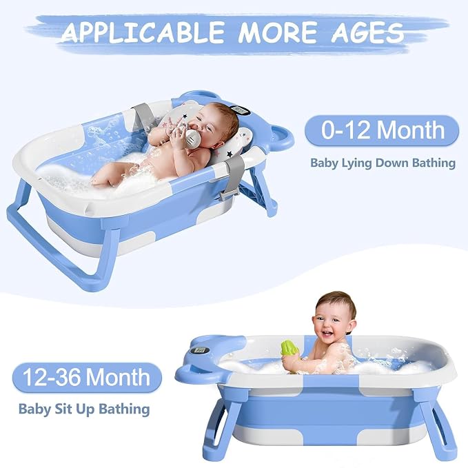 TPN Collapsible Baby Bathtub, Baby Bath Tub with Soft Cushion & Real-Time Thermometer, Baby Bathtub Infant to Toddler Tub (0-36 Months), Portable Newborn Travel Bath Tub