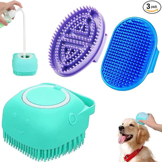 3PCS Dog Bath Brush, Dog Shampoo Brush Dog Scrubber for Bath, No Slipping Pet Shower Grooming Massaging Washing Brush with Adjustable Ring Handle for Short & Long Haired Dogs/Cats (Blue)