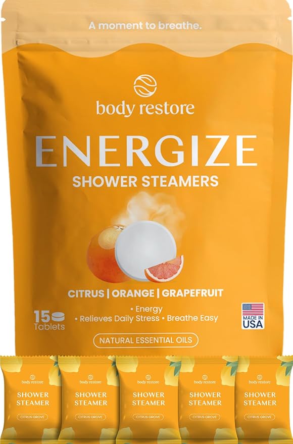 BodyRestore Shower Steamers Aromatherapy, Self Care Gifts, Energize 15 Pack | Birthday Gifts for Women & Men, Spa Stress Relief & Relaxation, Orange & Grapefruit, Essential Oil Tablets