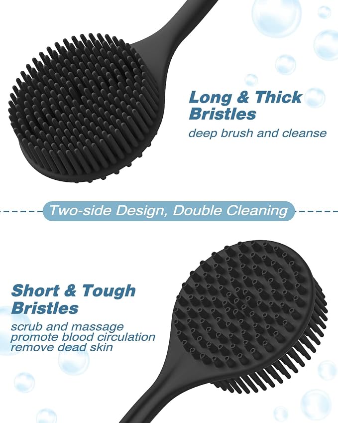 Manmihealth Silicone Back Scrubber (Thick Bristles) & Bath Glove & Face Brush Set (3PCS), Super-Exfoliating & Lathering Body Scrubber, Shower Brush, Face Scrubber Combination, with a Free Hook (Black)
