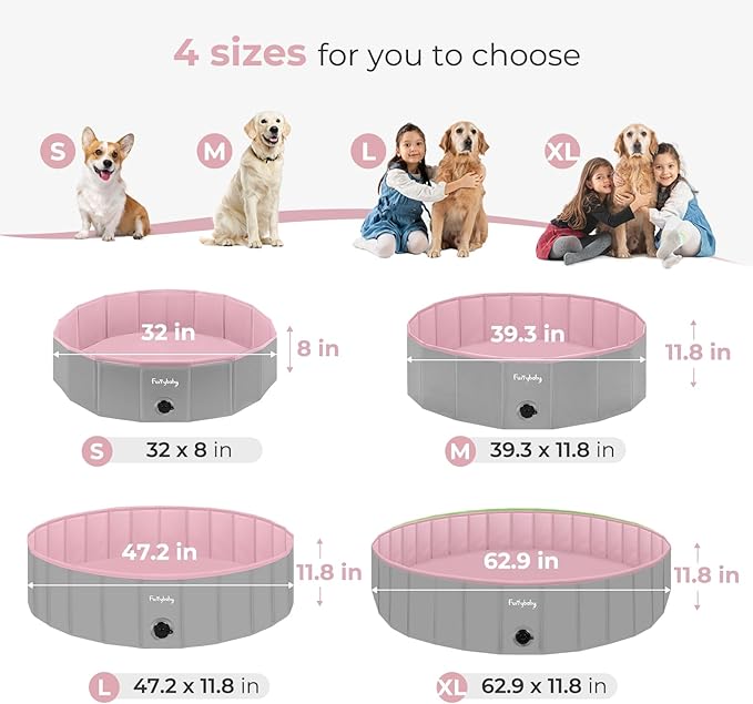 Furrybaby Dog Pool, Kiddie Pool Hard Plastic, Collapsible Pet Bath Foldable Swimming Pet Pool Portable Pink 32''