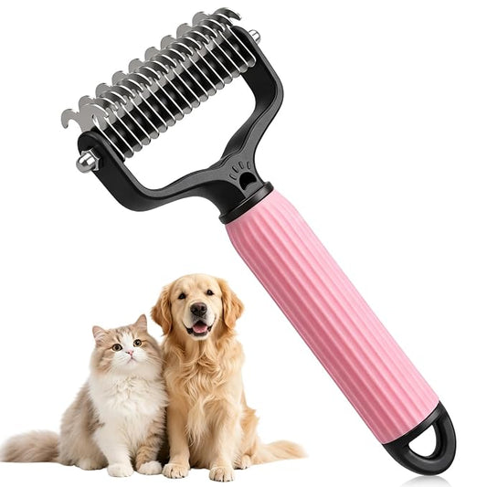 Double Sided Dematting Comb for Cats & Dogs, Undercoat Rake, Pet Grooming Brush for Long Hair, Deshedding Dog Brush Removes Tangles Knots and Loose Fur, Grooming Tool for Thick Coats(Pink)