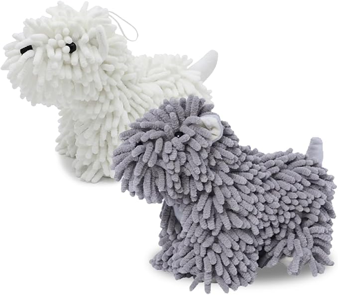 Cute Dog Chenille Hand Towel, 3D Puppy Hangable Fuzzy Ball Hand Towel Microfiber Super Soft Absorbent Bathroom & Kitchen Towels with Hanging Loop, Can Be Placed on the Sink Countertop (White & Gray)