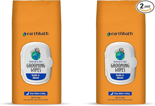 earthbath, Oatmeal & Aloe Grooming Wipes - Dog Wipes for Paws and Butt, Pet Wipes for Dogs & Cats, Helps Relieve Itchy & Dry Skin, Made in USA, Cruelty-Free - Vanilla & Almond 100 Count (2 Pack)