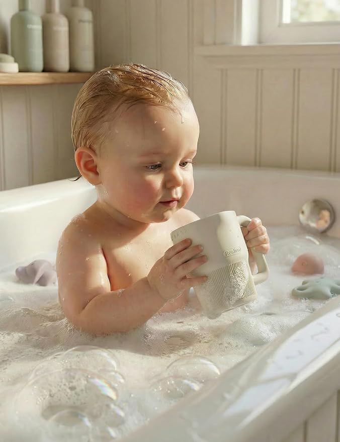 Roslim Silicone Baby Bath Rinse Cup, Shampoo & Body Rinser with Easy-Grip Handle for Rinsing Hair and Body Washing, Lightweight, Non-Toxic for Babies, Toddlers, Kids (White)