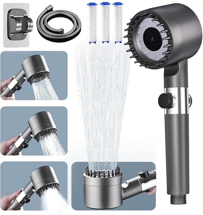Ion Drops Shower Head, Shower Head High Pressure, Ion Showerhead with Handheld and 3 Filters, 4 Spray Modes & Pause Switch, Silicone Scalp Massager, 59" Hose & Bracket for Hard Water & Pets