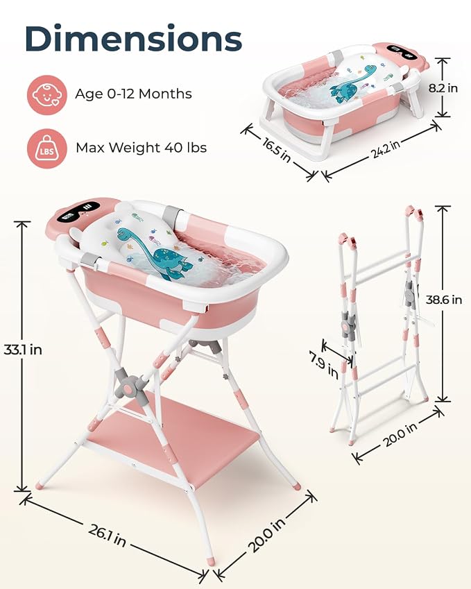 2-in-1 Baby Bath with Stand, Foldable Dinosaur Bathtub for Infant to Toddler, Portable Travel Tub with Soft Cushion for 0-18 Months, Pink