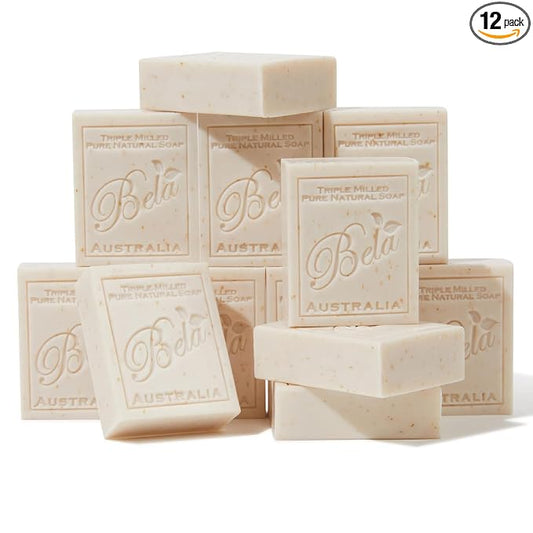 BELA Oatmeal Soap with Milk and Bran 3.3 OZ, Pack of 12, Long Lasting French Triple Milled Bar Soap with Organic Shea Butter, Hand, Face and Body Wash Bars, Made in Australia