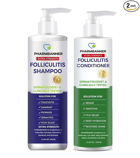 PHARMBANNER Anti-Fungal Shampoo and Conditioner Set – Tea Tree & Argan Oil for Folliculitis, Seborrheic Dermatitis, Scalp Psoriasis – Relieves Itchy, Flaky, Dry Scalp – Sulfate & Paraben Free