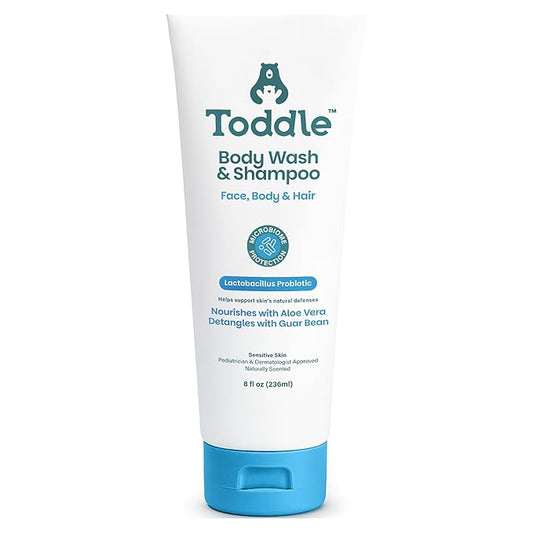 3-in-1 Probiotic Baby Shampoo and Body Wash, Plant-Based Kids’ and Toddler Body Wash for Sensitive Skin with Aloe and Lactic Acid, Fragrance-Free, Pediatrician Tested, 8 oz