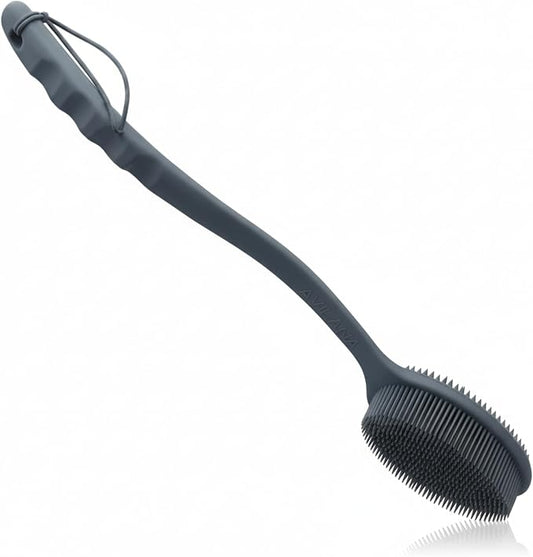 Avilana Silicone Body Scrubber for Shower – SGS Certified Food Grade Dual Sided Bath Brush, Gentle Exfoliating Silicone Loofah Alternative, Sensitive Skin Body Brush (Dark Gray, Long Handle)