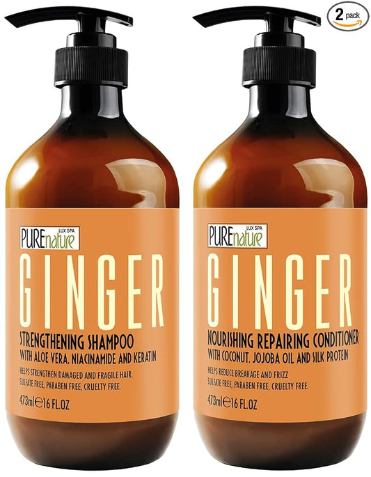 Ginger Shampoo and Conditioner Set - Sulfate Free, Zero Paraben Blend - Scalp Stimulating Treatment - Anti Itch, Volumizing, Salon Strengthening - Repair Hair for Women and Men - 16 Fl Oz (Set of 2)