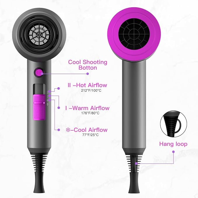slopehill Professional Ionic Hair Dryer, Powerful 1800W Fast Drying Low Noise Blow Dryer with 2 Concentrator Nozzle 1 Diffuser Attachments for Home Salon Travel