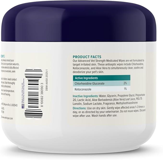 Vetnique Dermabliss Chlorhexidine & Ketoconazole Medicated Dog Wipes, 50ct Small | Antibacterial & Antifungal Anti-Itch Wipes for Hot Spots, Yeasty Paws, Smelly Skin Folds & Allergy Relief, Dogs & Cats