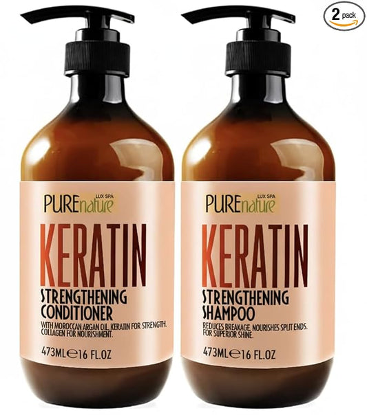 Keratin Shampoo and Conditioner Set - Sulfate and Paraben Free Treatment for Dry Hair - Anti Frizz, Collagen Enriched Formula for Curly or Damaged Hair - Safe for Men and Women with Color Treated Hair