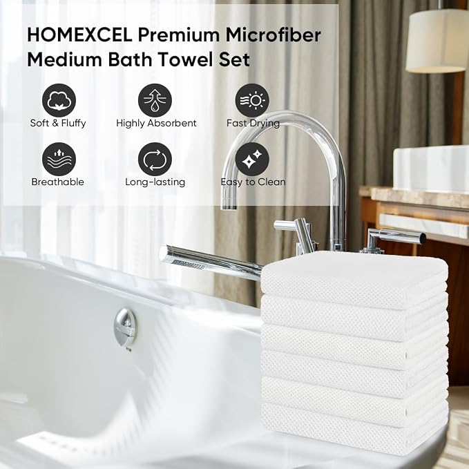 HOMEXCEL 6 Pack Bath Towel Set, (24 x 48 Inches) Microfiber Ultra Soft Highly Absorbent Bath Towels, Lightweight and Quick Drying Towels for Hotel, Bathroom, Spa and Beauty Parlor, White
