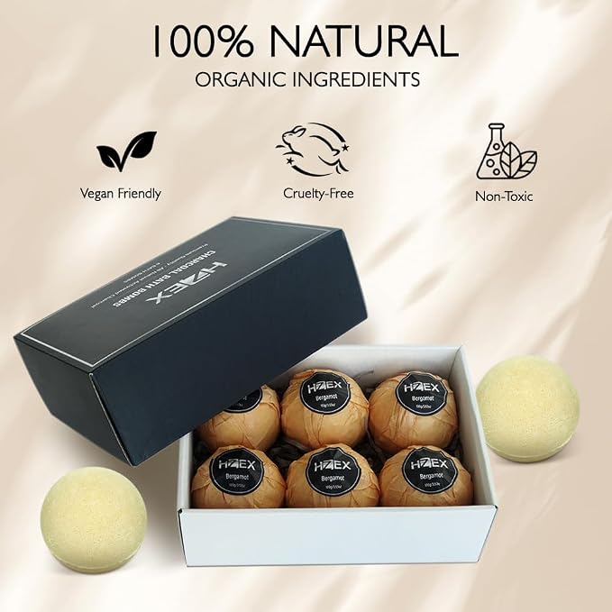 HZEX Charcoal Activated Bath Bombs for Men – Detox with Handmade Organic 6 Pack Bath Bomb Set, up to 3 Scents (Sandalwood, Bergamot, Ocean), Individually Wrapped (Bergamot)