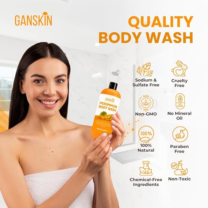 Persimmon Body Wash for Body Odor Control – Natural Deodorant Soap for Eliminating Odor – Underarms, Intimate Inner Thigh, Bikini Area, Smelly Feet – Purifying Deodorizing Soap, Kids Safe