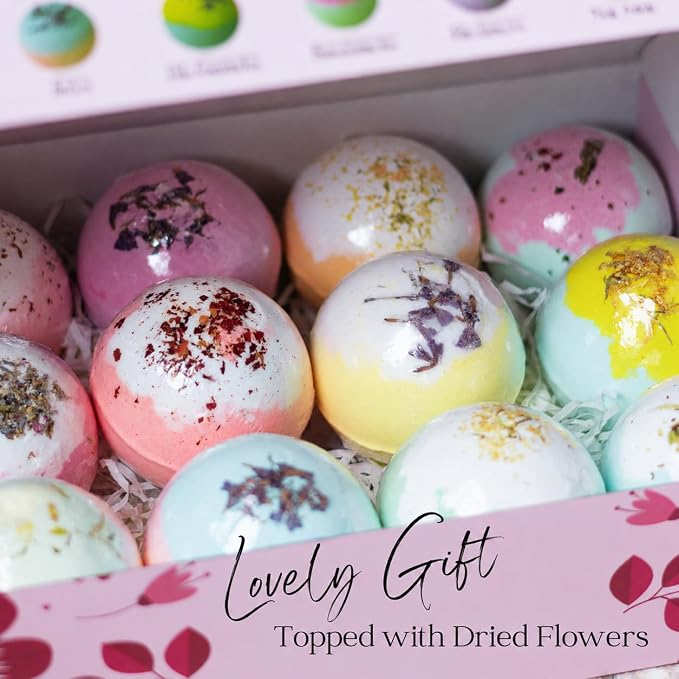 EvolutionUSA 12 Inspire Bath Bombs for Women & Girls – Flower Topped Bath Bombs Girls, Fun Bathbombs Set, Organic Bath Fizzers, Luxury Gift for Mothers Day, Birthday, Christmas, Easter or Self Care