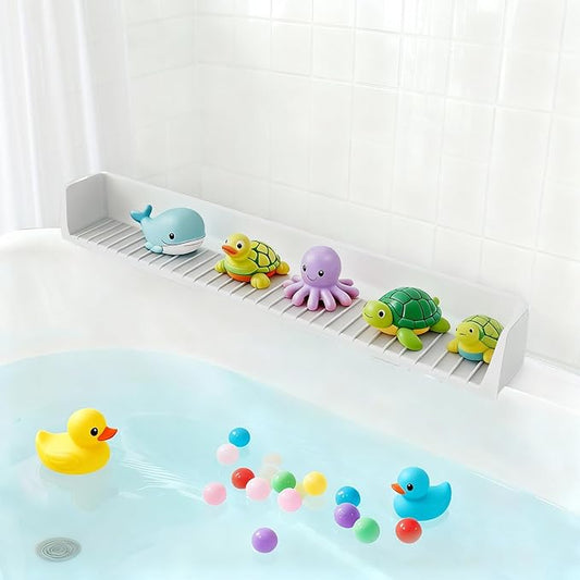 Bath Tub Splash Guard for Kids - 30" Silicone Bathtub Mat with 11 Suction Cups, Bath Toy Holder & Spill Protector Waterproof Bathroom Organizer, Non-Slip Shelf, PVC/BPA Free